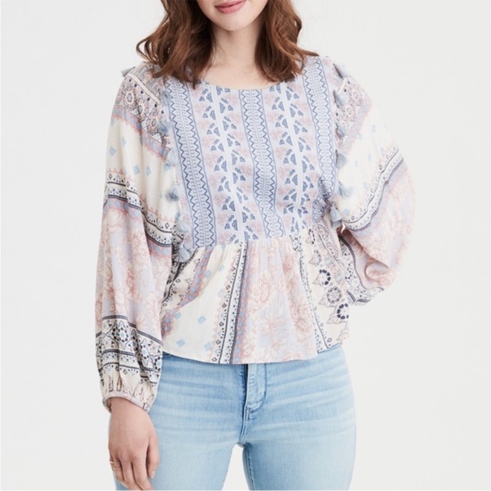 American Eagle Tassel & Embroidered Boho Blouse